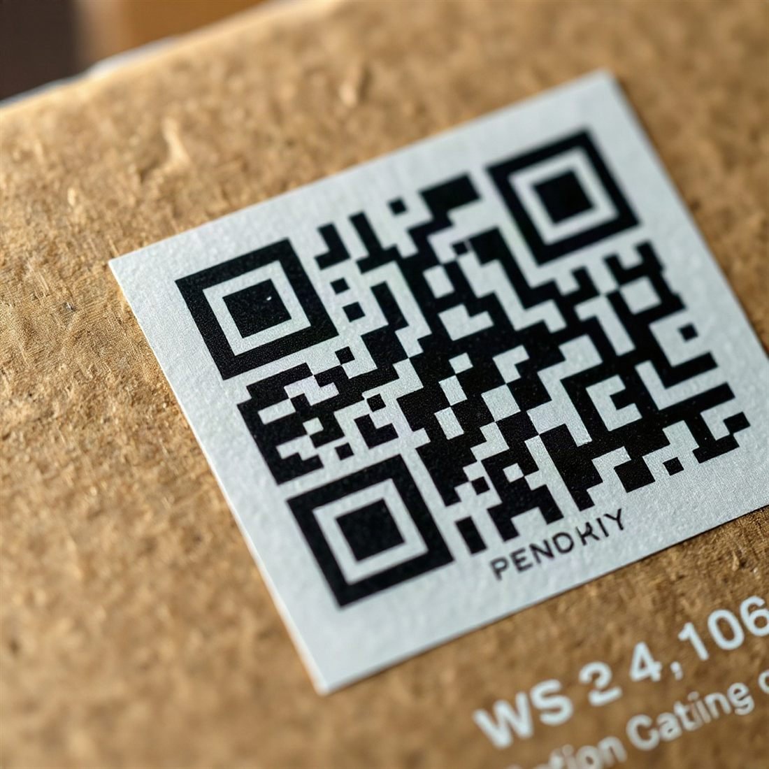 macro photograph of a printed high-quality QR code on a premium textured cardboard carton, subtle sc