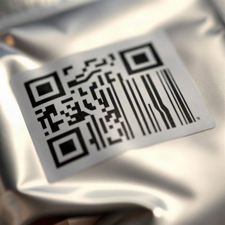 macro photo of QR code on shiny silver foil pouch, high detail