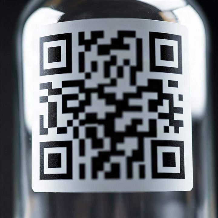 macro photo of QR code on clear glass bottle, high detail