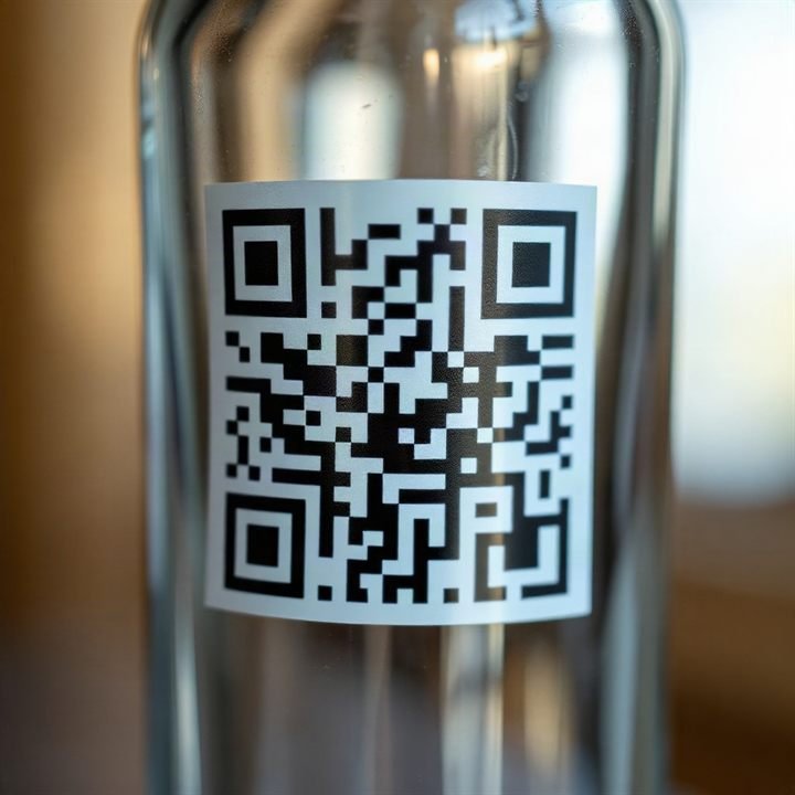 macro photo of QR code on clear glass bottle