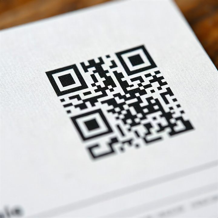 macro photo of QR code on textured label paper, high detail