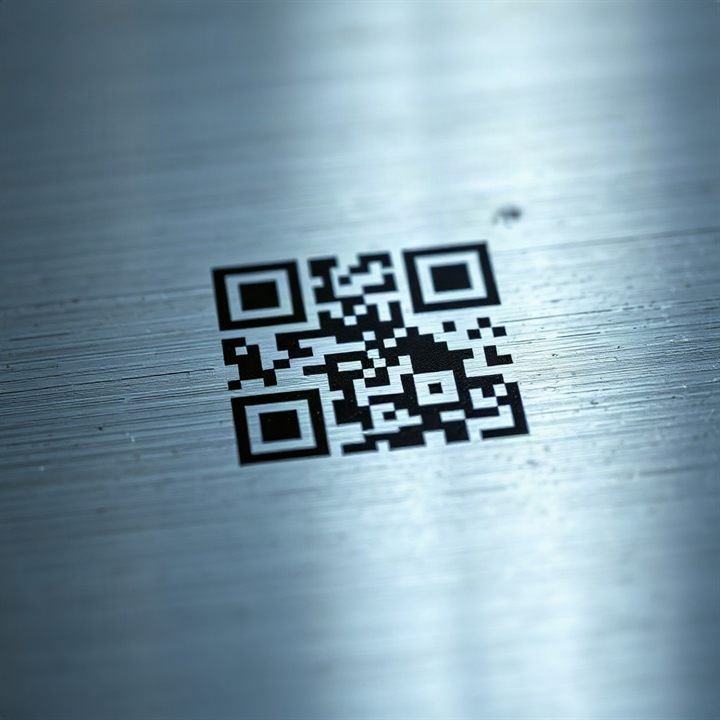 macro photo of laser marked QR code on aluminium metal surface