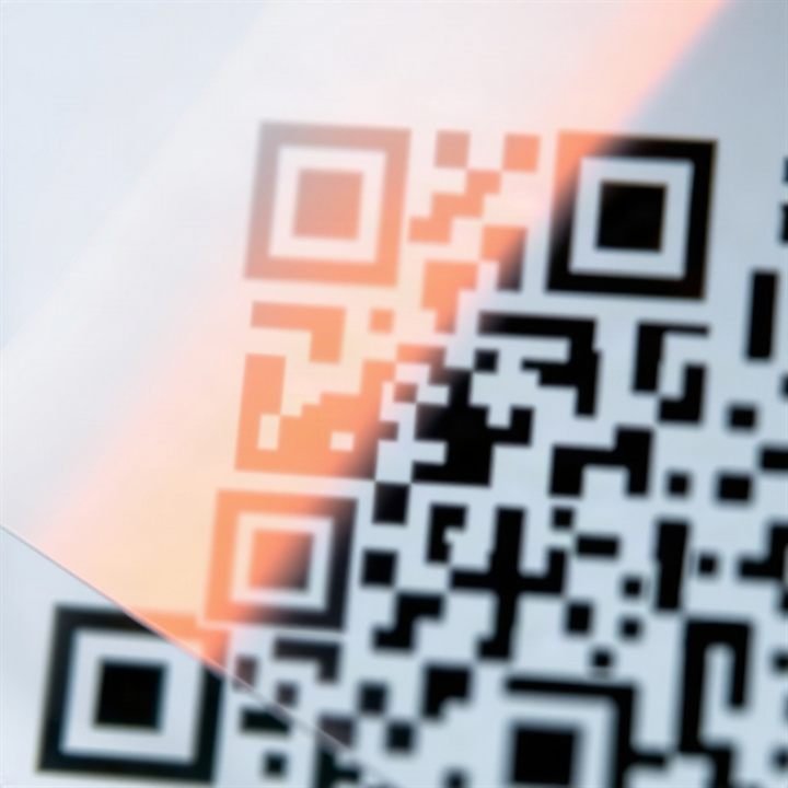 macro photo of QR code on thin plastic film