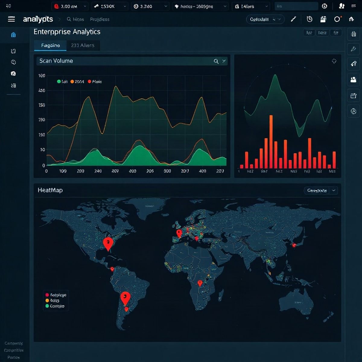 Complex enterprise analytics dashboard showing line charts for scan volume and a geographic heatmap 