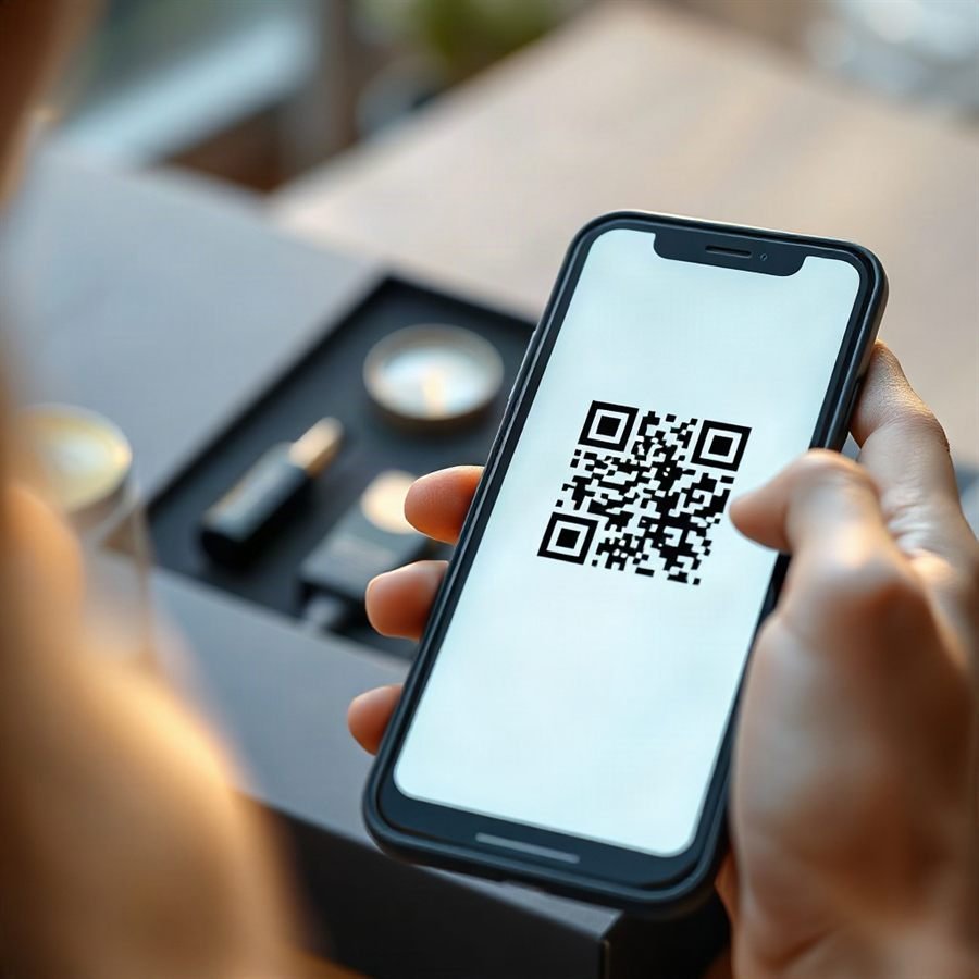 Close up of a person's hand holding a smartphone scanning a QR code on a luxury product box, soft na
