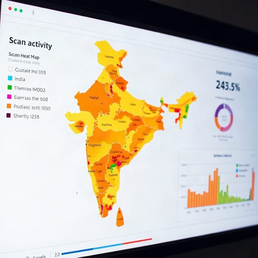 A detailed heat map of India on a clean white dashboard screen showing clusters of scan activity, da