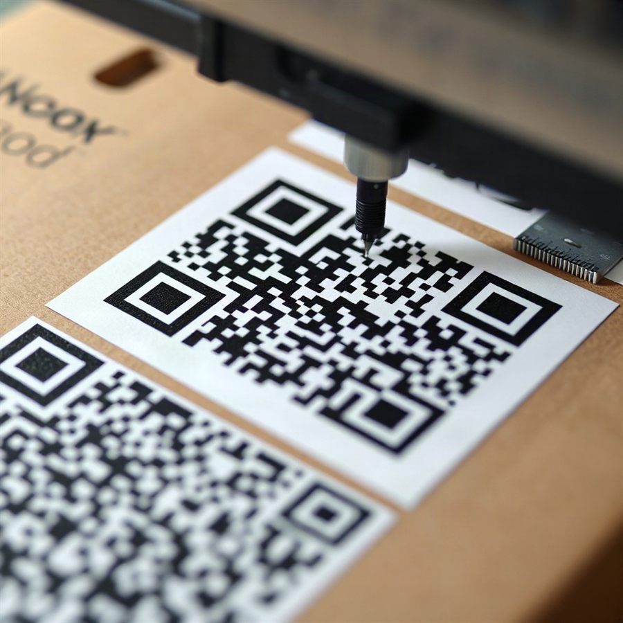 Macro photo of unique high-resolution QR codes being printed on premium cardboard packaging, industr