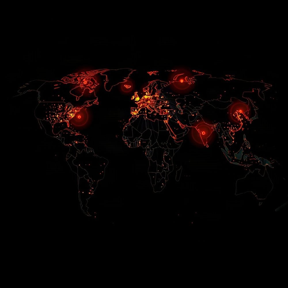 minimalist vector map of world with glowing data points at scan locations, dark theme